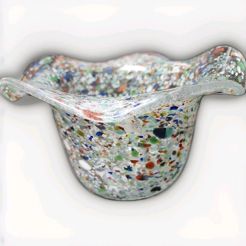 Multicolor Speckled Abstract Hand Blown Art Glass Decorative Bowl Glossy Finish